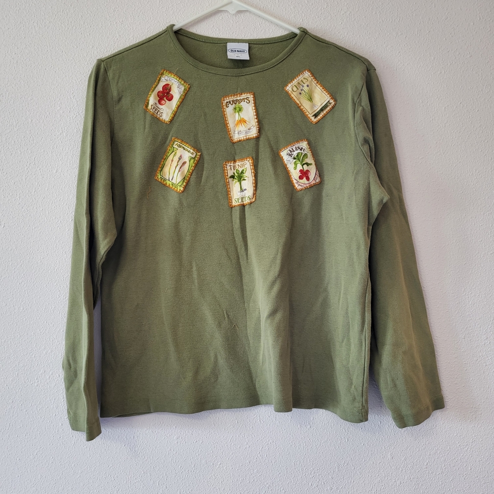 Old Navy Olive Green Long-Sleeve Tee with Embroidered Seed Patch Accents